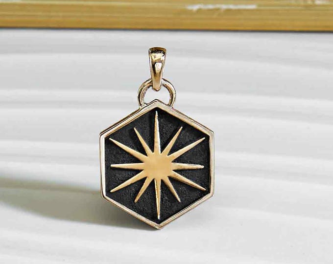 Bronze Sun in Hexagon Shadow Box Pendant 27x17mm