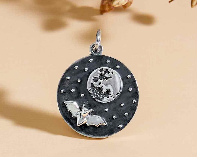 Sterling Silver Full Moon and Bat Charm 24x18mm