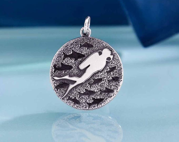 Sterling Silver Diver and Fish Charm 24x18mm