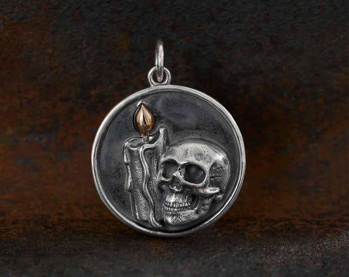 Sterling Silver Candle and Skull Pendant w Bronze 24x18mm
