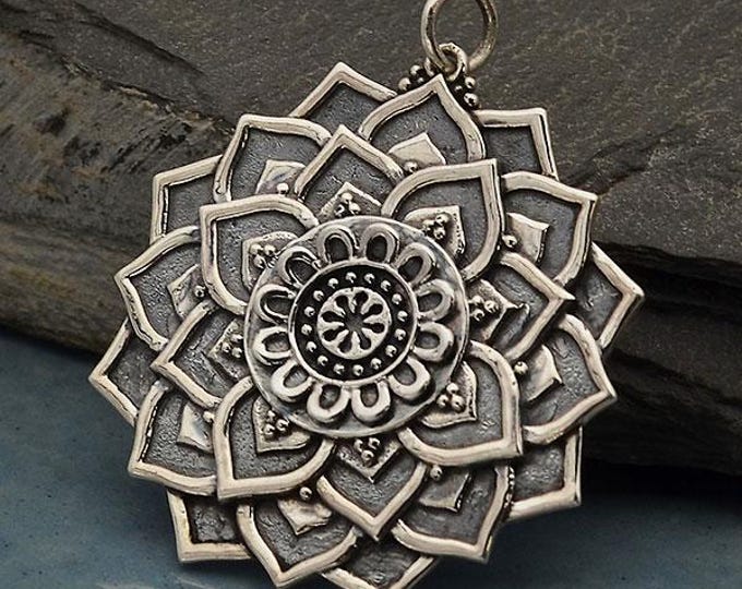 Sterling Silver Lotus Mandala Pendant 34x29mm