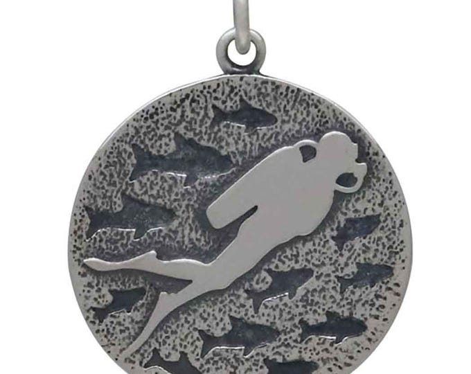 Sterling Silver Diver and Fish Charm 24x18mm