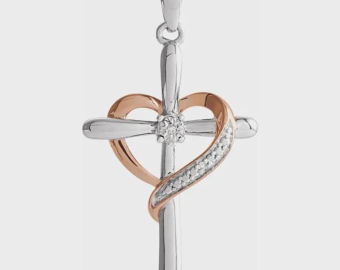 Sterling Silver .006 CTW Natural Diamond Heart Cross Pendant