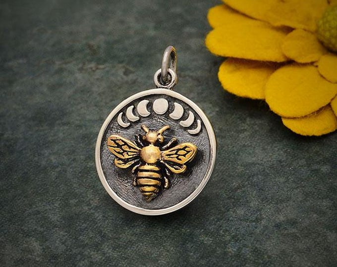 Sterling Silver Moon Phase Charm with Bronze Bee 22x16mm