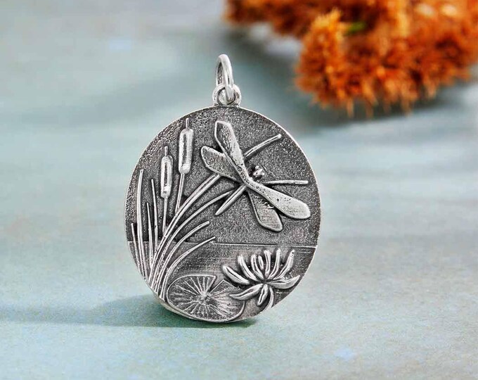 Silver Pond with Cattails and Dragonfly Pendant 26x18mm