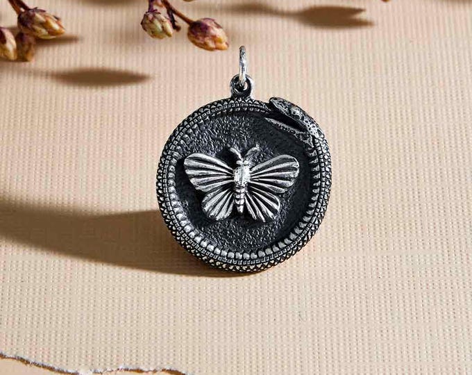 Sterling Silver Ouroboros Snake w Butterfly Pendant 27x21mm