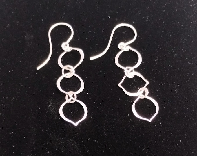 Sterling Silver Three Arabesque Link Dangle Earrings w/ French Hook 2 inch long