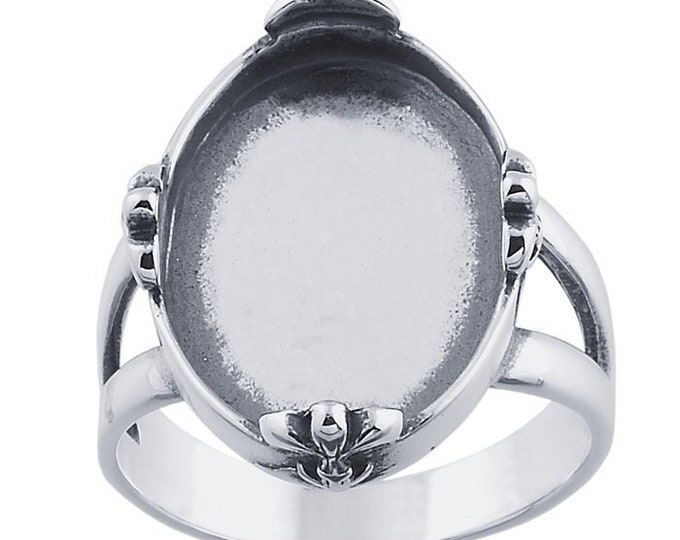 Sterling silver fleur-de-lis accent 18 x 13mm oval ring mounting