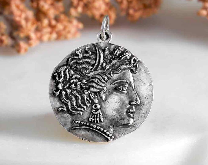 Sterling Silver Goddess Demeter Coin Pendant 25x20mm