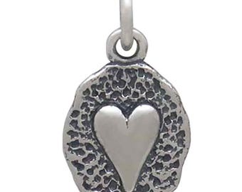 Sterling Silver Heart on Oval Coin Charm 17x9mm