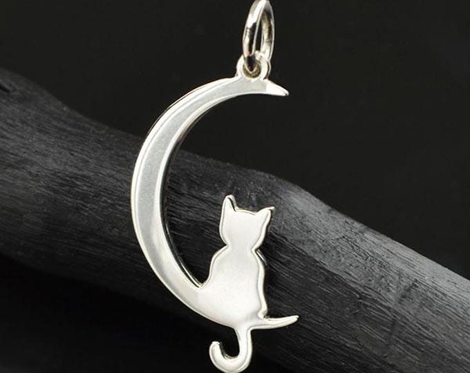 Sterling Silver Moon Charm with Kitty 25x11mm