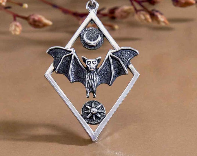 Silver Branches and Bat Pendant in Diamond Frame 35x21mm