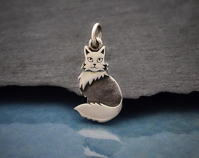 Sterling Silver Layered Fluffy Cat Charm 21x10mm