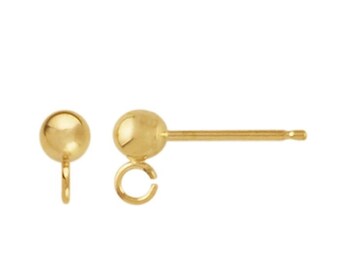 Solid 14k yellow gold ball post earrings with open ring, w/o friction nuts, sold in pairs