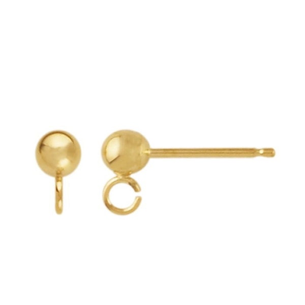 Solid 14k yellow gold ball post earrings with open ring, w/o friction nuts, sold in pairs