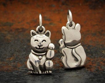 Sterling Silver Lucky Cat Charm -Maneki Neko Charm 18x8mm