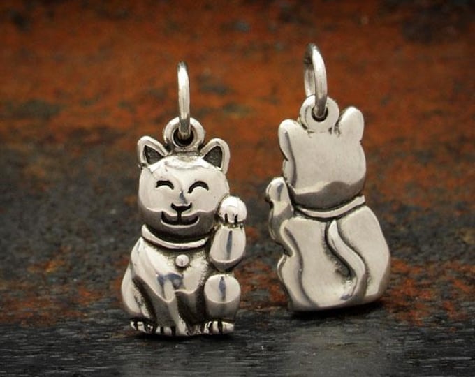 Sterling Silver Lucky Cat Charm -Maneki Neko Charm 18x8mm