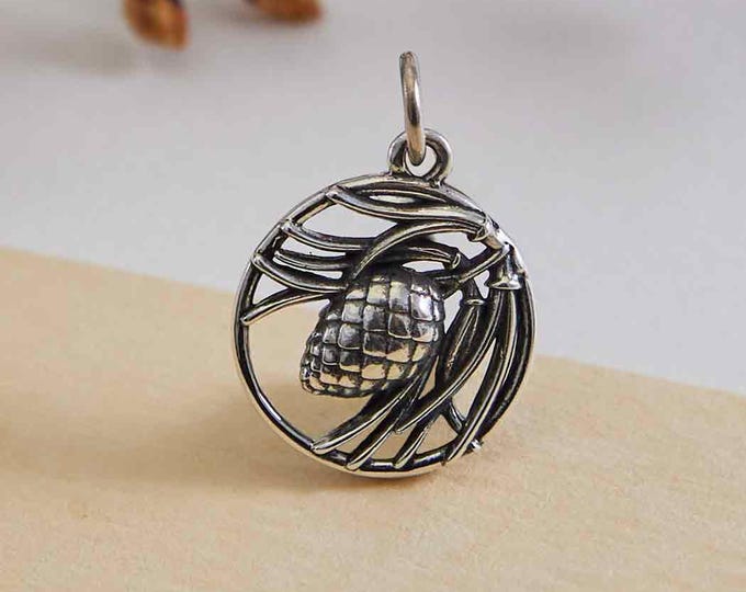 Sterling Silver Pineneedle and Pinecone Charm 19x13mm