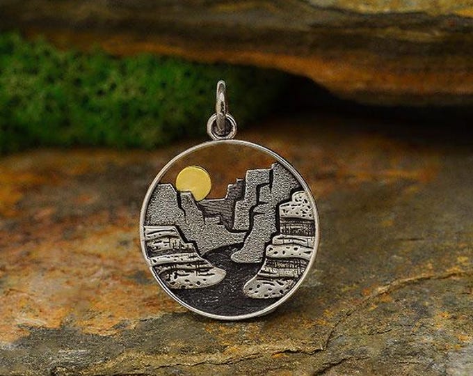 Sterling Silver Layered Canyon Charm with Bronze Sun 22x16mm