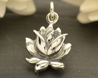 Sterling Silver Textured Blooming Lotus Charm 16x10mm