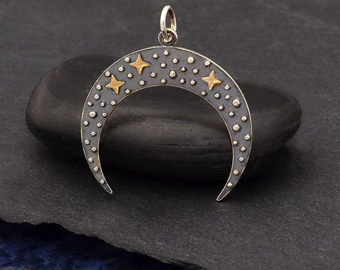 Sterling Silver Moon Pendant with Bronze Stars 28x25mm