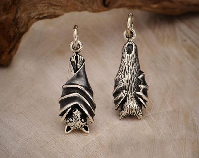 Sterling Silver Hanging Bat Charm 22x8mm