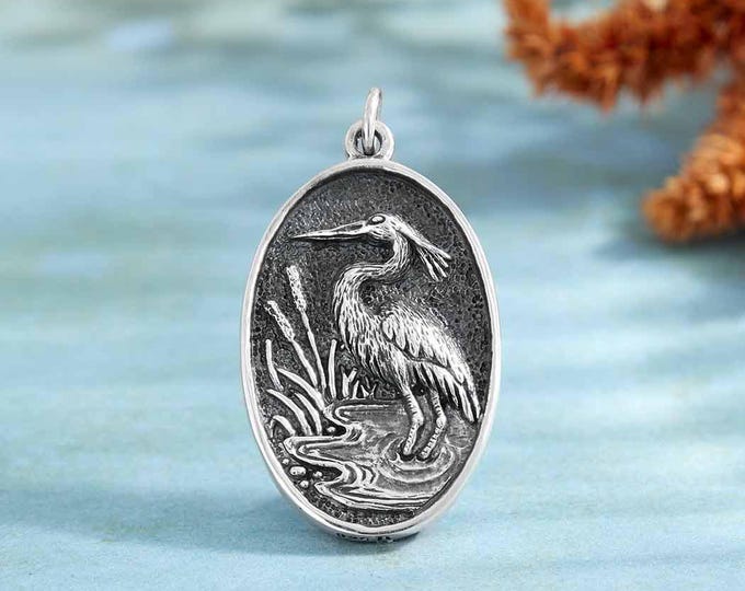 Sterling Silver Heron in Pond Pendant 30x16mm