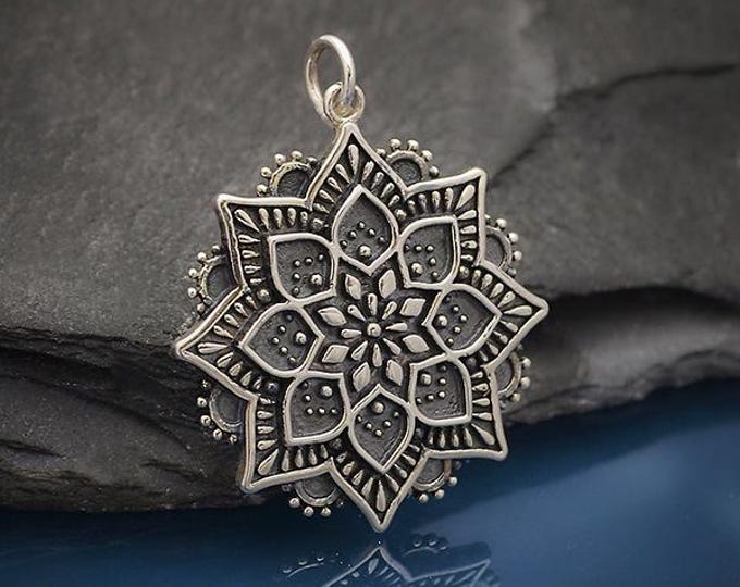 Sterling Silver Medium Lotus Mandala Pendant 32x25mm