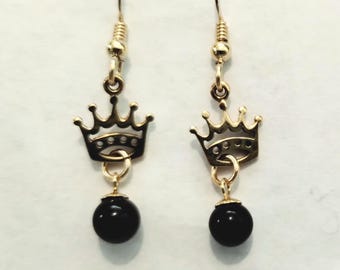 14k gold filled crown dangle earrings with black onyx bead