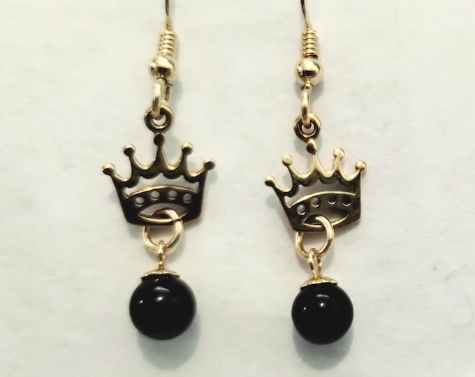 14k gold filled crown dangle earrings with black onyx bead