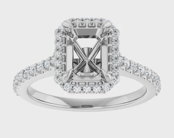 14K White 8x6 mm Emerald 3/8 CTW Diamond Semi-Set Engagement Ring