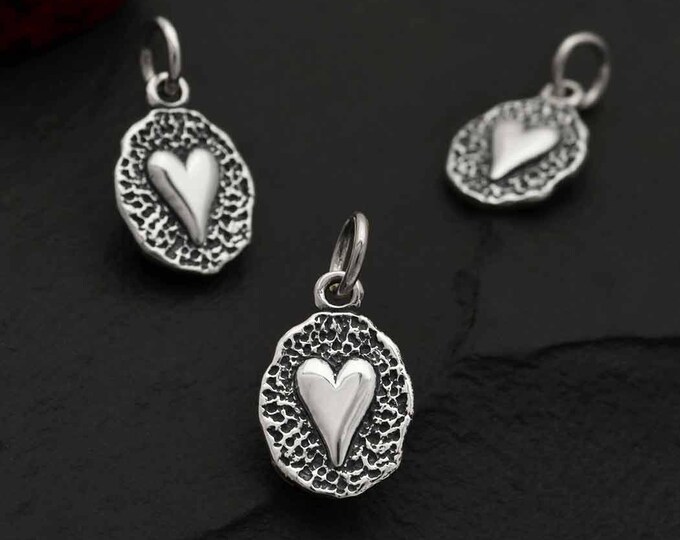 Sterling Silver Heart on Oval Coin Charm 17x9mm