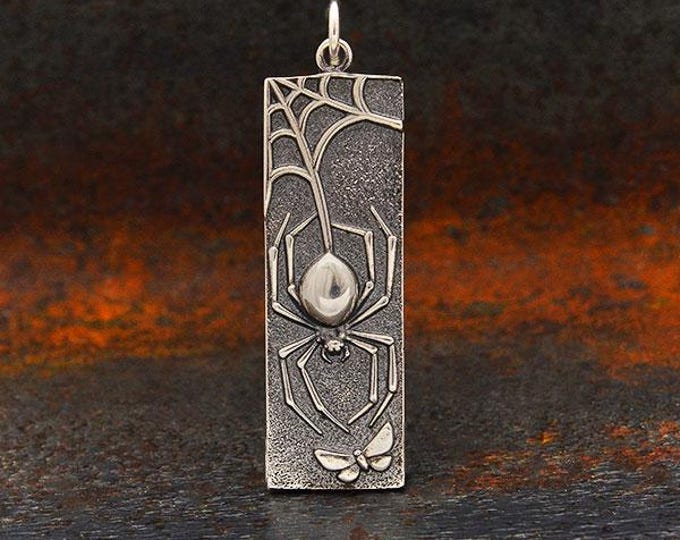 Sterling Silver Spider Pendant on Rectangle 37x10mm