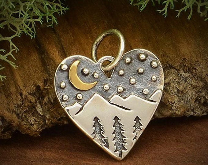 Silver Heart Charm with Mountains and Bronze Moon 16x13mm