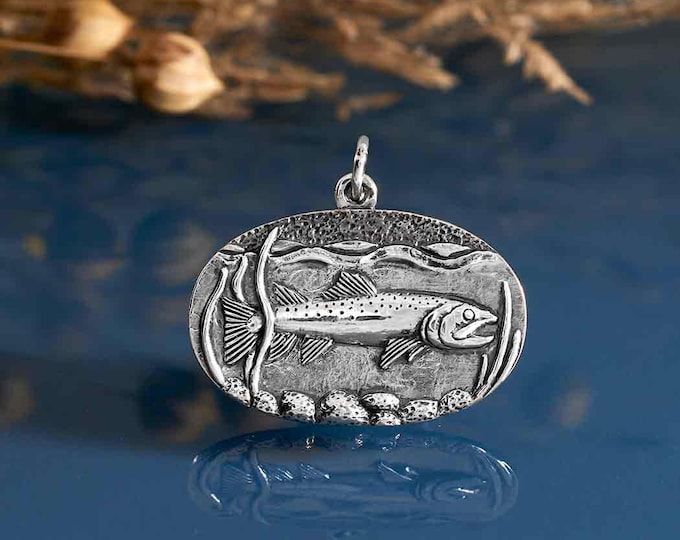 Sterling Silver Trout in Stream Pendant 22x25mm