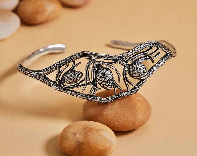 Sterling Silver Pinecone and Pineneedle Bracelet 53x64mm