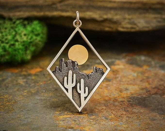 Sterling Silver Cactus Charm in Diamond Frame 33x20mm
