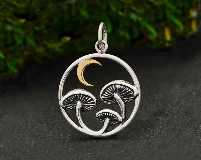 Sterling Silver Mushroom Charm with Bronze Moon 22x15mm