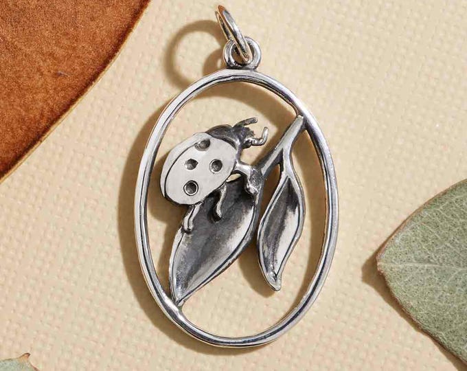 Sterling Silver Ladybug on Leaf Charm 27x15mm