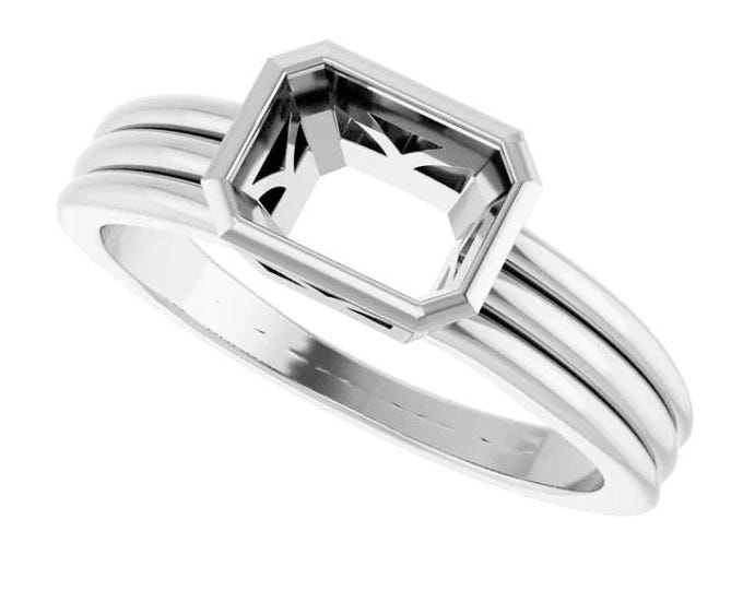 Bezel Set Solitarie Ring Mounting, 7x5 Emerald Cut in 925 Sterling Silver or 14k Gold