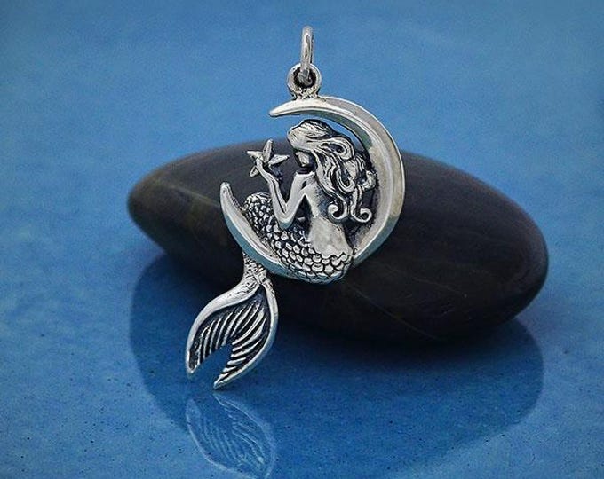 Sterling Silver Mermaid on the Moon Pendant 30x17mm
