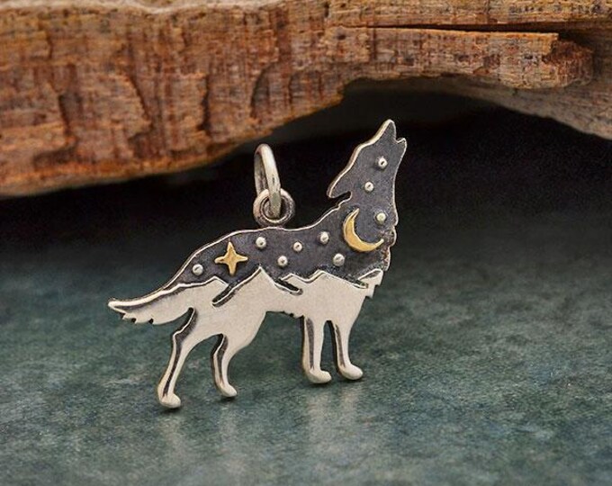 Sterling Silver Wolf Charm with Bronze Star and Moon 17x20mm