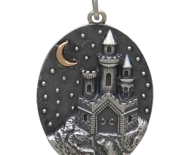 Sterling Silver Castle with Bronze Moon Charm 28x18mm