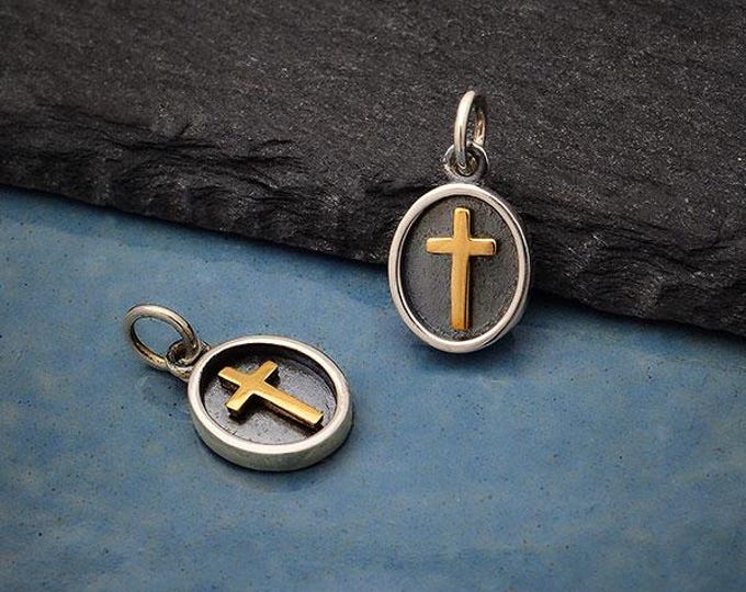 Sterling Silver Shadow Box Charm with Bronze Cross 16x9mm
