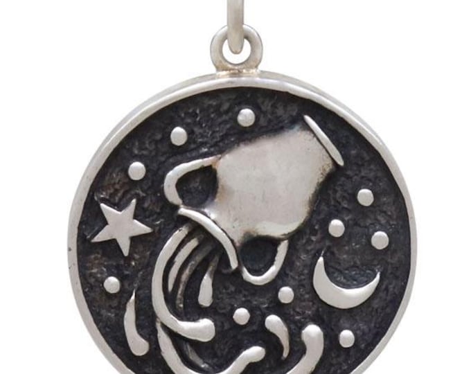 Sterling Silver Astrology Aquarius Pendant 24x18mm