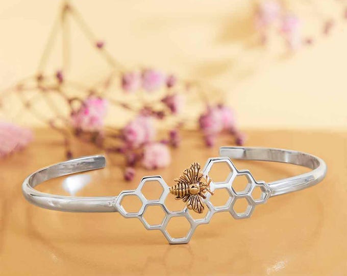 Sterling Silver Honeycomb Cuff Bracelet with Bronze Bee