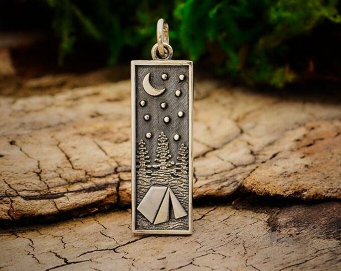 Sterling Silver Rectangle Camping Charm with Tent 28x8mm