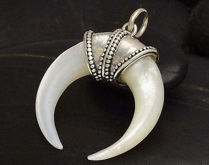 Hand Carved Mother of Pearl Horn Pendant with Bail 26x12mm