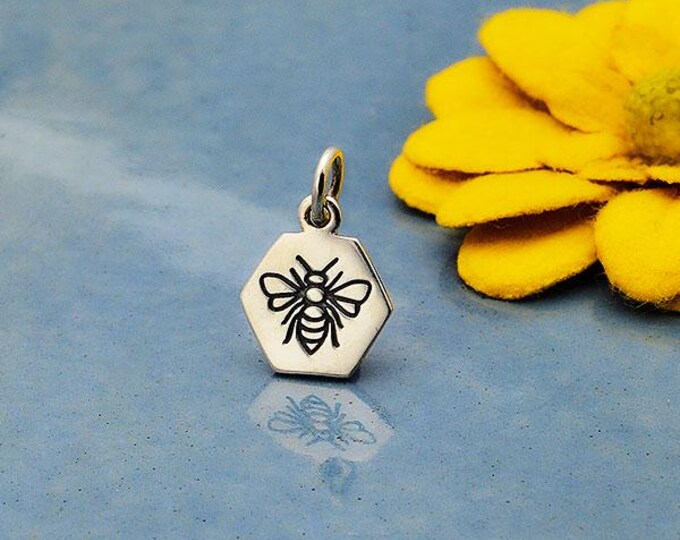 Sterling Silver Hexagon Charm with Etched Bee 15x10mm