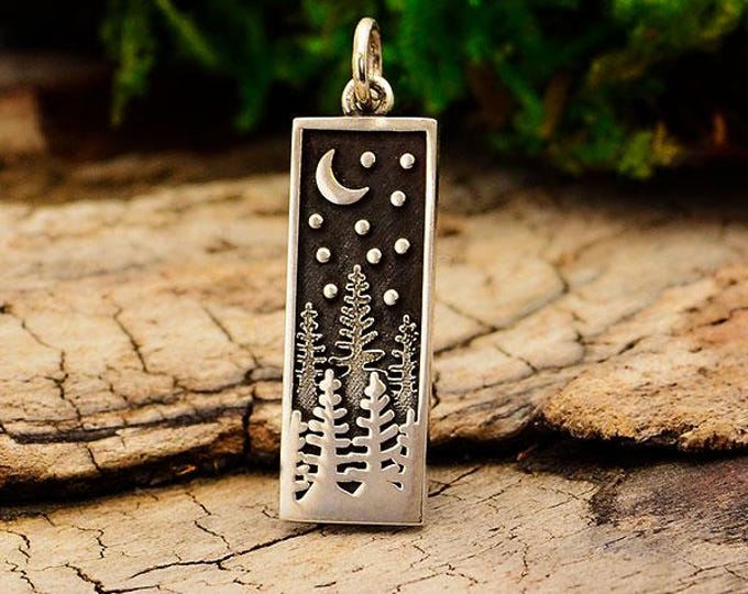 Sterling Silver Rectangle Pine Tree Charm with Moon 28x8mm